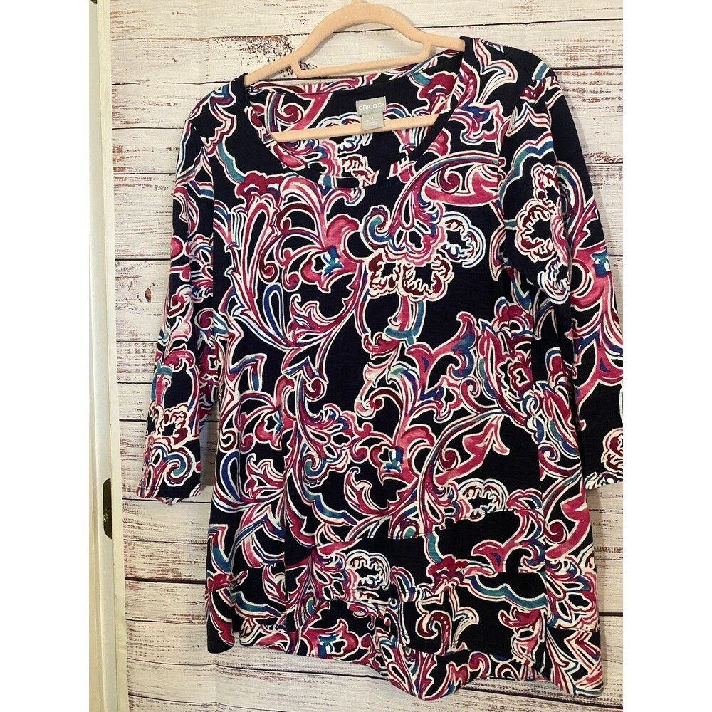 Chico's Tunic Top Paisley Floral Layered Hem Career Casual Women Size 1 M